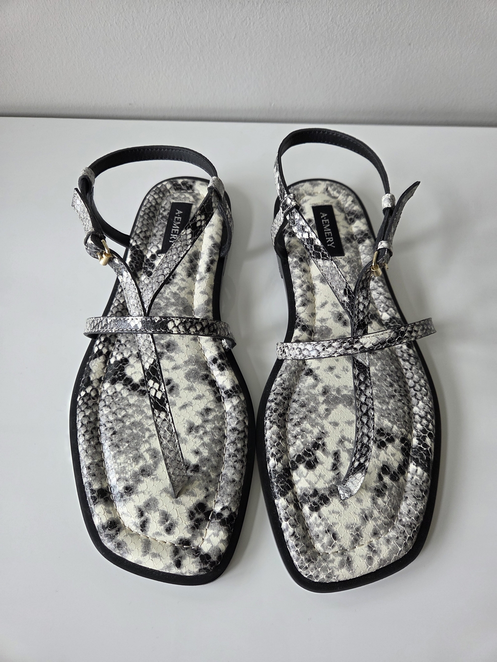 A.Emery Remley Snake-Print Black & White T-Strap Sandals NWOT